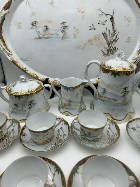 Russian Porcelain Demitasse Set for Eight with Tray. Kuznetsov. Late 19th C