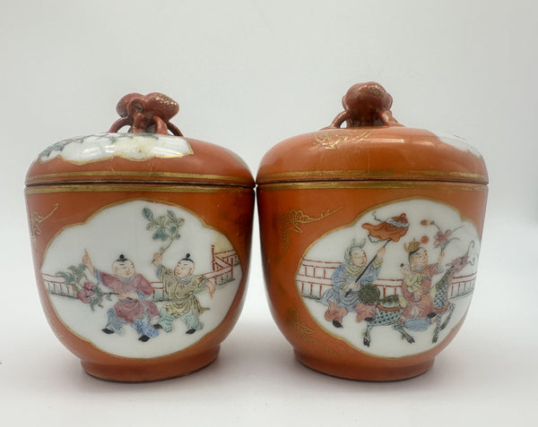 Pair of Small Covered Jars. Chinese Porcelain Coral Ground Children Playing Qing