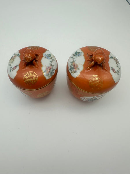Pair of Small Covered Jars. Chinese Porcelain Coral Ground Children Playing Qing