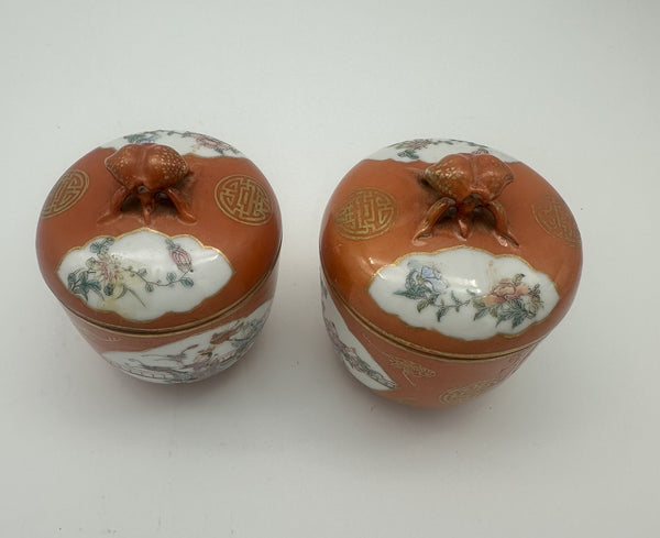 Pair of Small Covered Jars. Chinese Porcelain Coral Ground Children Playing Qing