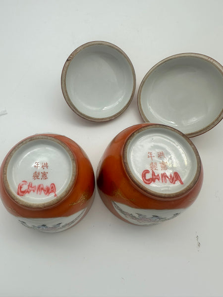 Pair of Small Covered Jars. Chinese Porcelain Coral Ground Children Playing Qing