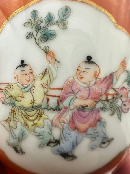 Pair of Small Covered Jars. Chinese Porcelain Coral Ground Children Playing Qing