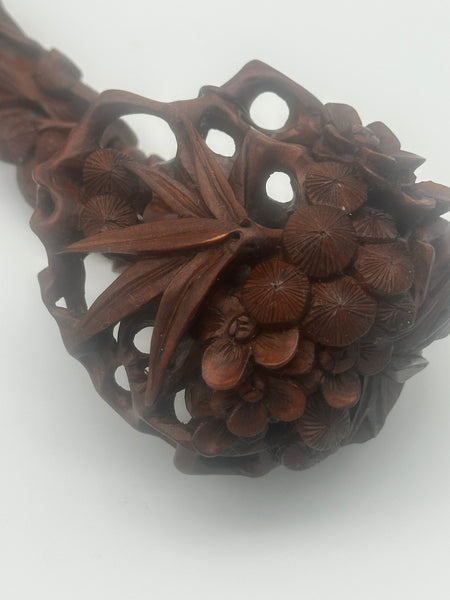 Chinese Ruyi Scepter. Carved Wood. Bamboo Leaves, Flowers, Pine Needles. Qing