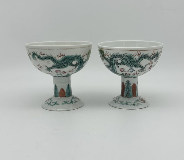 Pair Chinese Porcelain Stem Cups. Green Dragon. Qing. 3 3/4" H