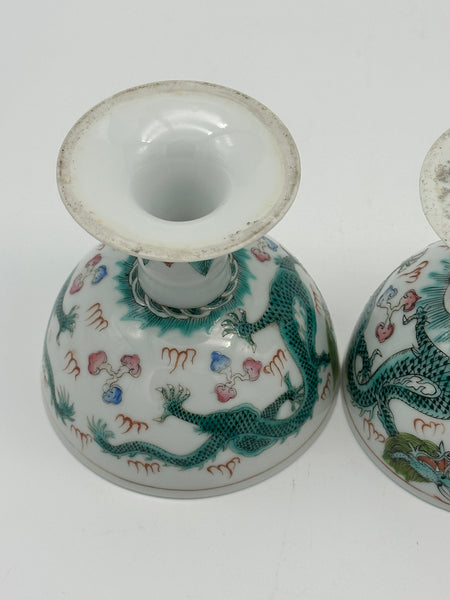 Pair Chinese Porcelain Stem Cups. Green Dragon. Qing. 3 3/4" H