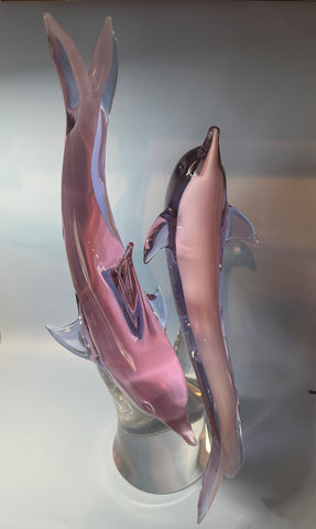 Large Elio Raffaeli Murano Italian Art Glass Sculpture of Dolphins. 20 1/2"
