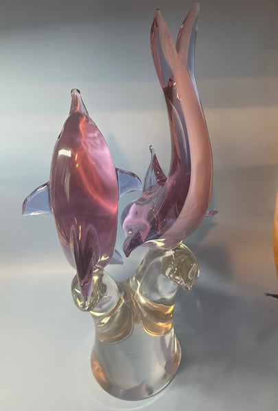 Large Elio Raffaeli Murano Italian Art Glass Sculpture of Dolphins. 20 1/2"