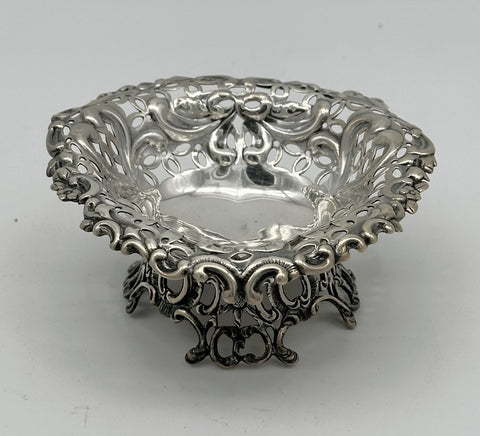 Heart-Shaped Pierced and Footed Candy Dish Bowl. English Sterling. London 1894.