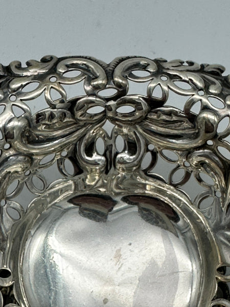 Heart-Shaped Pierced and Footed Candy Dish Bowl. English Sterling. London 1894.