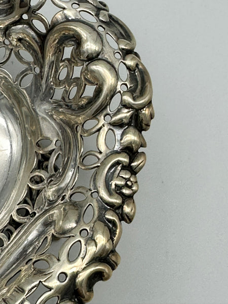 Heart-Shaped Pierced and Footed Candy Dish Bowl. English Sterling. London 1894.