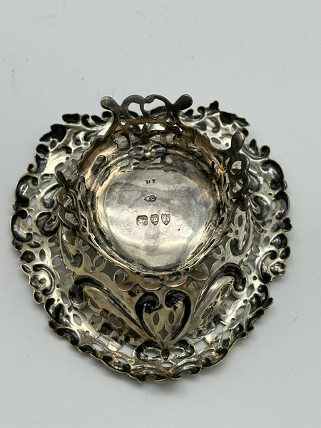 Heart-Shaped Pierced and Footed Candy Dish Bowl. English Sterling. London 1894.