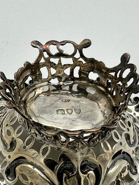 Heart-Shaped Pierced and Footed Candy Dish Bowl. English Sterling. London 1894.