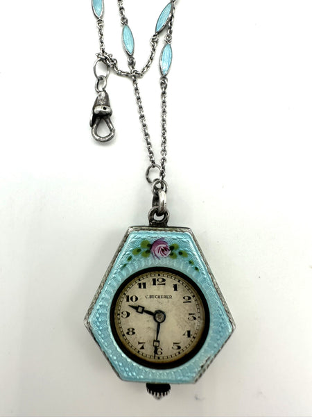 Pendant Watch. Blue Guilloche Enamel. C. Bucherer. Roses. Working Condition.