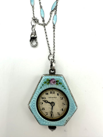 Pendant Watch. Blue Guilloche Enamel. C. Bucherer. Roses. Working Condition.