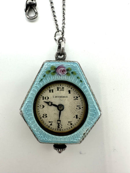Pendant Watch. Blue Guilloche Enamel. C. Bucherer. Roses. Working Condition.