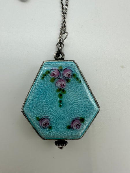 Pendant Watch. Blue Guilloche Enamel. C. Bucherer. Roses. Working Condition.