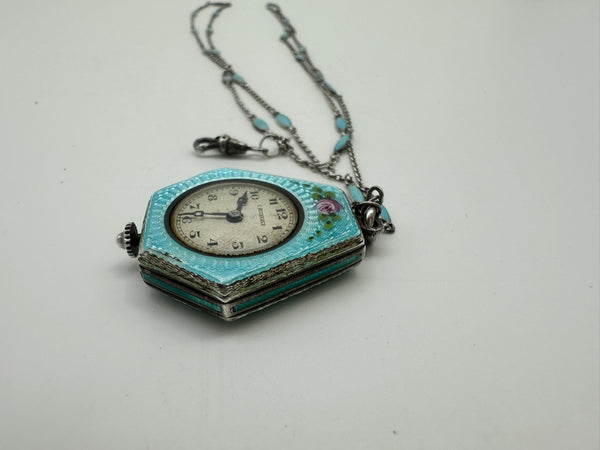 Pendant Watch. Blue Guilloche Enamel. C. Bucherer. Roses. Working Condition.