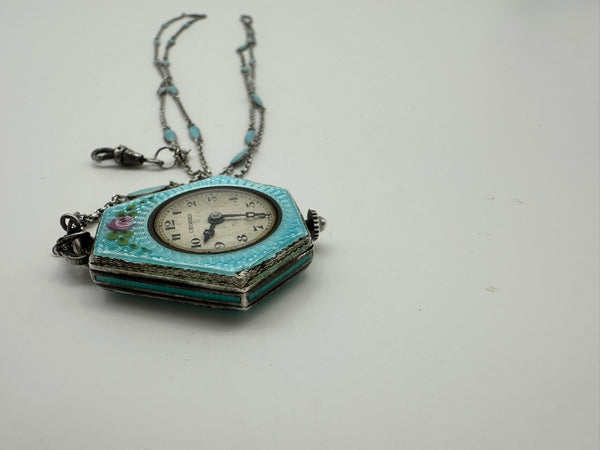 Pendant Watch. Blue Guilloche Enamel. C. Bucherer. Roses. Working Condition.