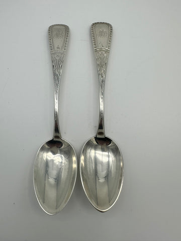 Two Serving or Oval Soup Spoons. Wm. Wilson & Son Sterling Silver. Engraved.