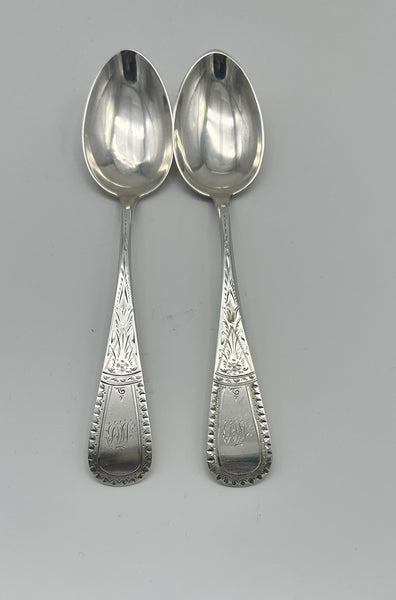 Two Serving or Oval Soup Spoons. Wm. Wilson & Son Sterling Silver. Engraved.