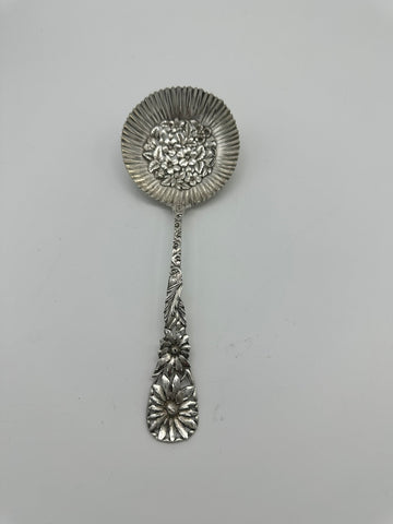 Pierced Berry Spoon. JE Caldwell Sterling Silver. Sunflower or Daisy 8 3/8"