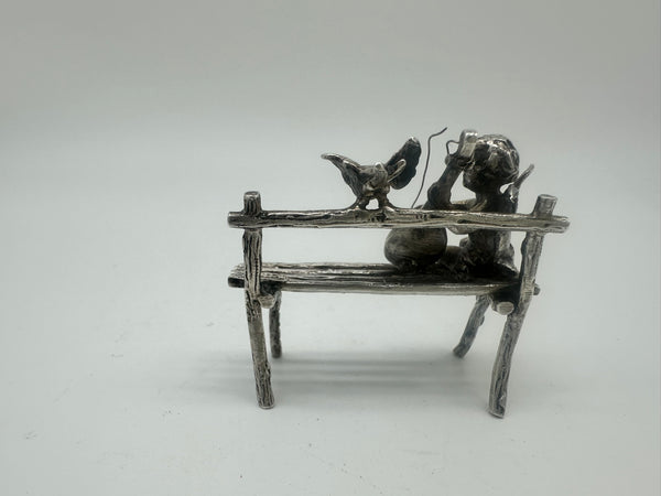 Cherub Seated on Bench Playing Mandolin with Bird. Scottish Sterling. Miniature