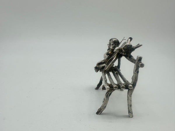 Cherub Seated on Bench Playing Mandolin with Bird. Scottish Sterling. Miniature