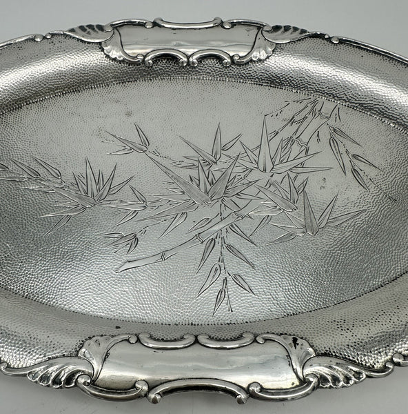 Chinese Export Silver Oval Footed Tray. Bamboo Motif. 10 1/8" x 6" x 3/4" H