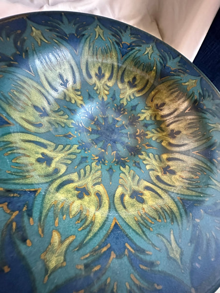 Dutch PZH Gouda Pottery Bowl. Blue Ground Art Nouveau Gold Feather. 14" Diameter