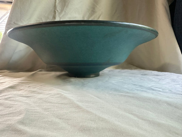 Dutch PZH Gouda Pottery Bowl. Blue Ground Art Nouveau Gold Feather. 14" Diameter