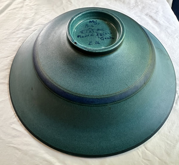 Dutch PZH Gouda Pottery Bowl. Blue Ground Art Nouveau Gold Feather. 14" Diameter