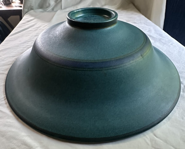 Dutch PZH Gouda Pottery Bowl. Blue Ground Art Nouveau Gold Feather. 14" Diameter