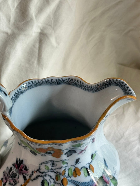 Water Pitcher. Masons Ironstone Colorful Birds and Flowers. Circa 1825. 7 1/4"