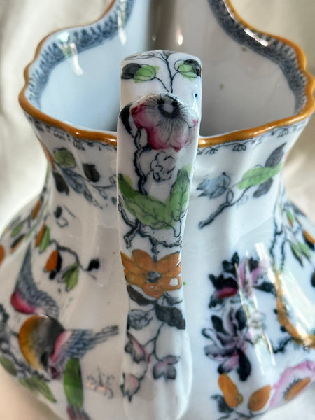 Water Pitcher. Masons Ironstone Colorful Birds and Flowers. Circa 1825. 7 1/4"