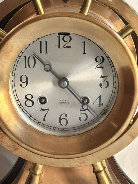 Chelsea Ship's Bell Ship Wheel Clock. Silvered Dial. 14" Height Total