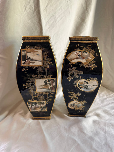 Pair of Japanese Satsuma Vases. Tigers, Geisha. Toyama 19th Century. 10" Height