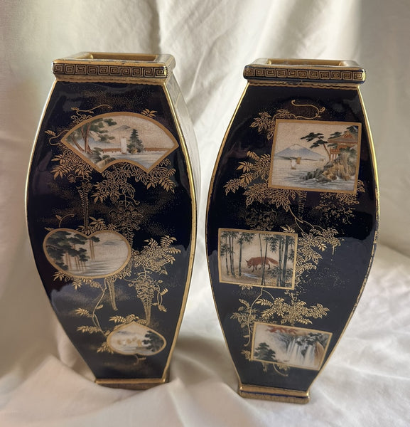 Pair of Japanese Satsuma Vases. Tigers, Geisha. Toyama 19th Century. 10" Height