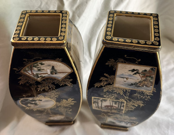 Pair of Japanese Satsuma Vases. Tigers, Geisha. Toyama 19th Century. 10" Height