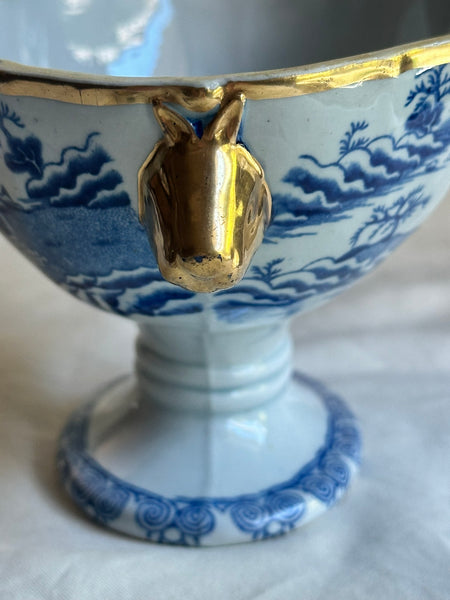Sauce Boat. Ironstone China Blue and White. Boar Head Handles. English 19th C