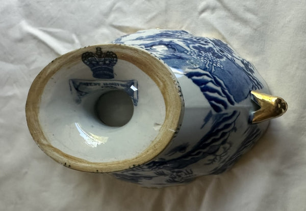 Sauce Boat. Ironstone China Blue and White. Boar Head Handles. English 19th C