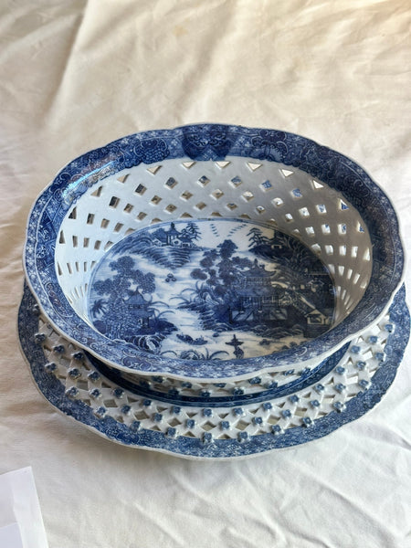 Reticulated Bowl and Underplate. English Blue and White Basket. 18th Century