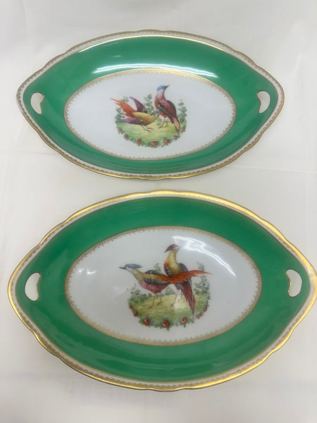Pair of Oval Serving Dishes. English Porcelain. Green, Game Birds. 20th Century