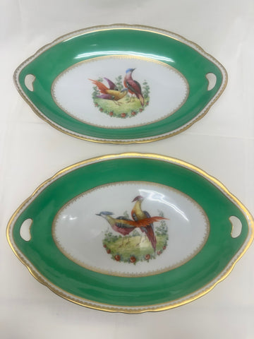 Pair of Oval Serving Dishes. English Porcelain. Green, Game Birds. 20th Century