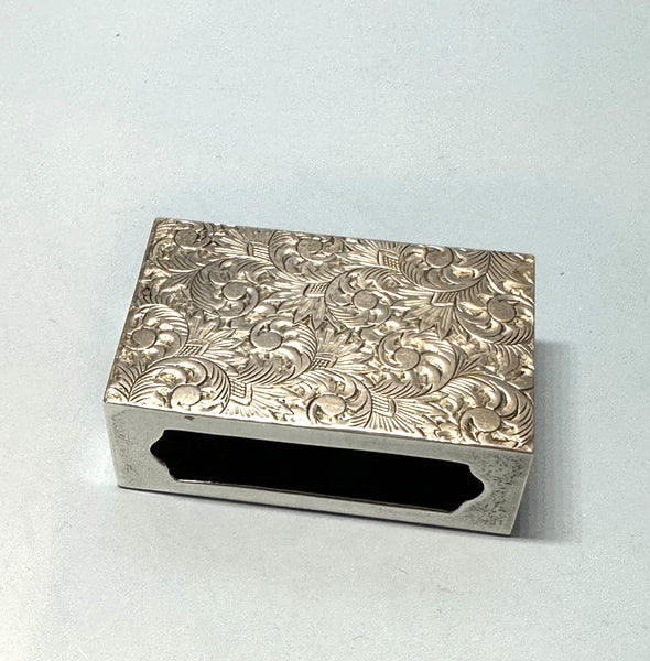 Matchbox Holder. Japanese 950 Silver. Engraved Scrolling Design.