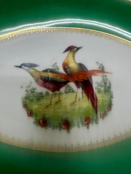 Pair of Oval Serving Dishes. English Porcelain. Green, Game Birds. 20th Century