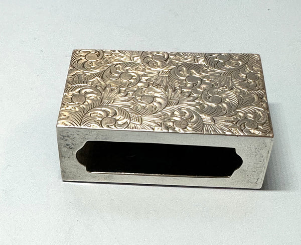 Matchbox Holder. Japanese 950 Silver. Engraved Scrolling Design.