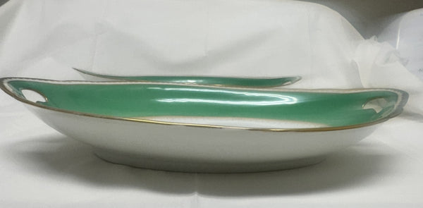Pair of Oval Serving Dishes. English Porcelain. Green, Game Birds. 20th Century