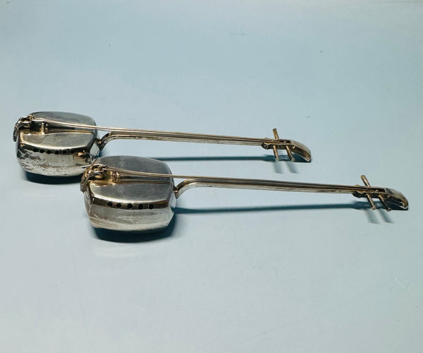 Pair Salt and Pepper Shakers. Japanese 950 Silver. Shamisen Stringed Instruments