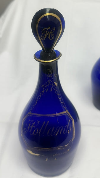 Four Bristol Blue Liquor Bottles. Cobalt with Gold. 18th Century