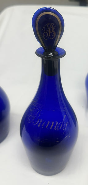 Four Bristol Blue Liquor Bottles. Cobalt with Gold. 18th Century